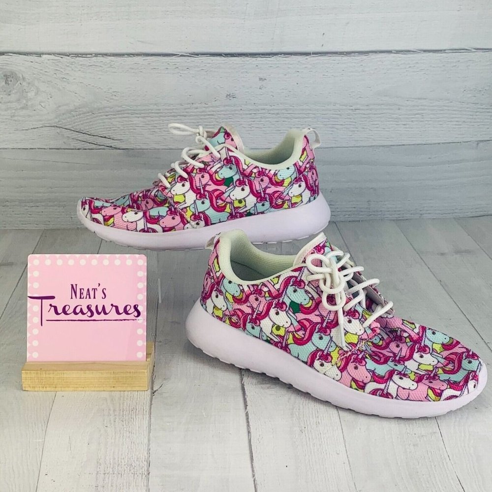 Three In Womens UNICORN Print Pink Blue Green Fabric Lace Up Tennis Shoes Size 8